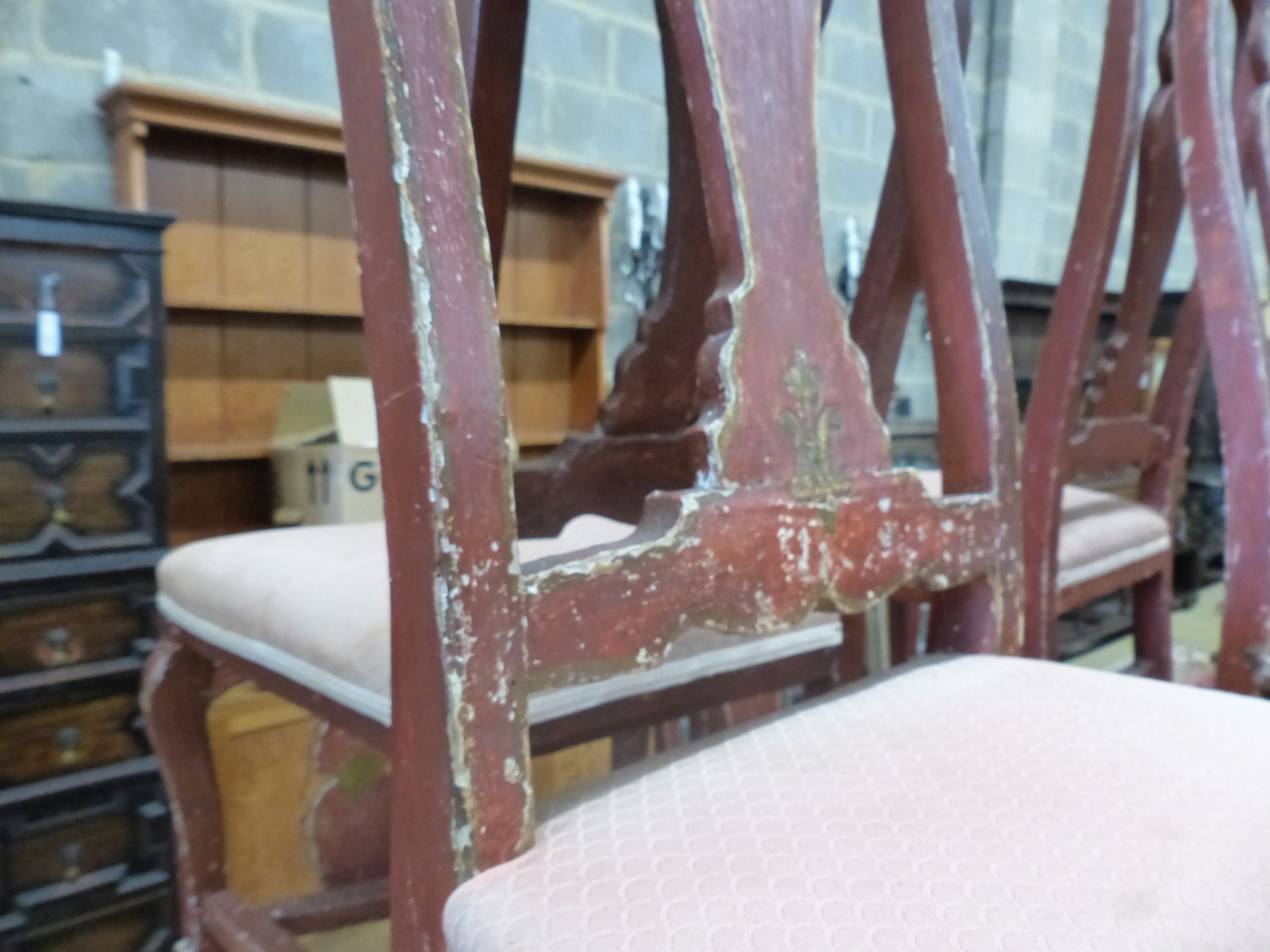 A set of eight Dutch red painted dining chairs